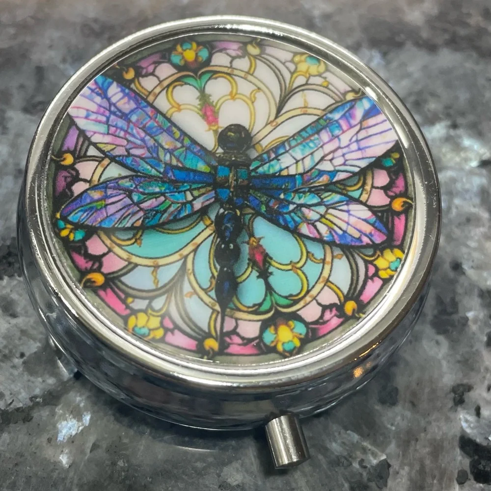 Colorful dragonfly round pillbox / NWOT - Picture 3 of 6